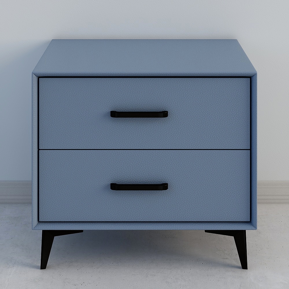 Modern blue leather nightstand with black handles and legs on white background