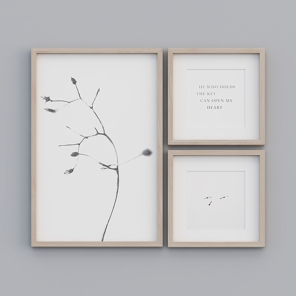 Three light wood frames with black and white art on grey background