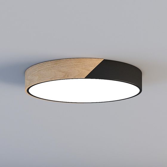 Wood and Black Round Pendant Light 3D model
