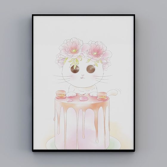 Charming Cat Character 3D Model with Pink Cake