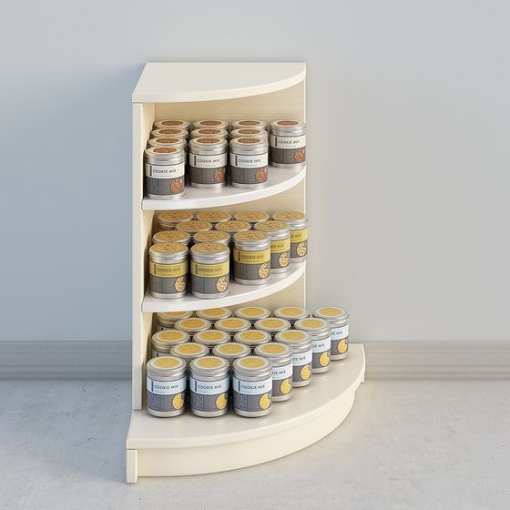 Curved cream wooden display shelf with silver cookie mix jars on light grey background