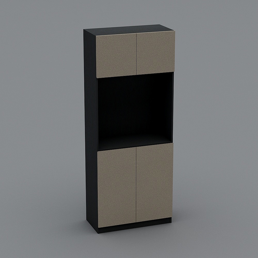 Modern tall black cabinet with beige doors and open shelf on grey background