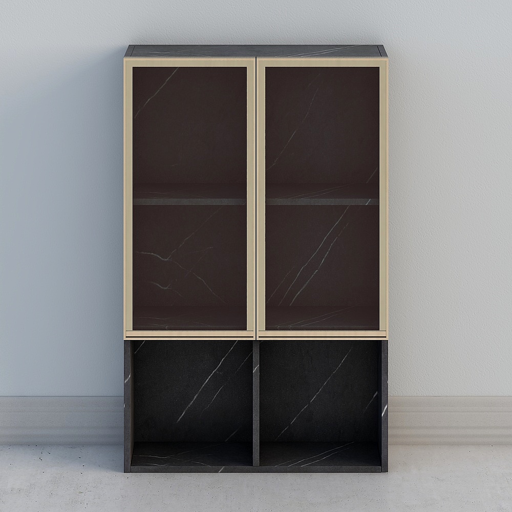 Modern black marble cabinet with gold frame and glass doors on white background