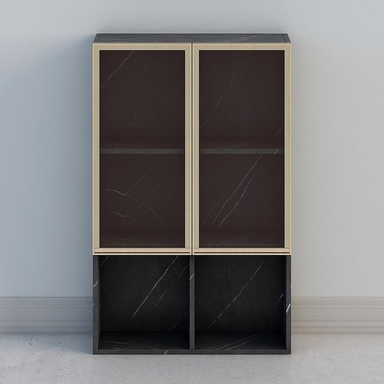 Modern black marble cabinet with gold frame and glass doors on white background