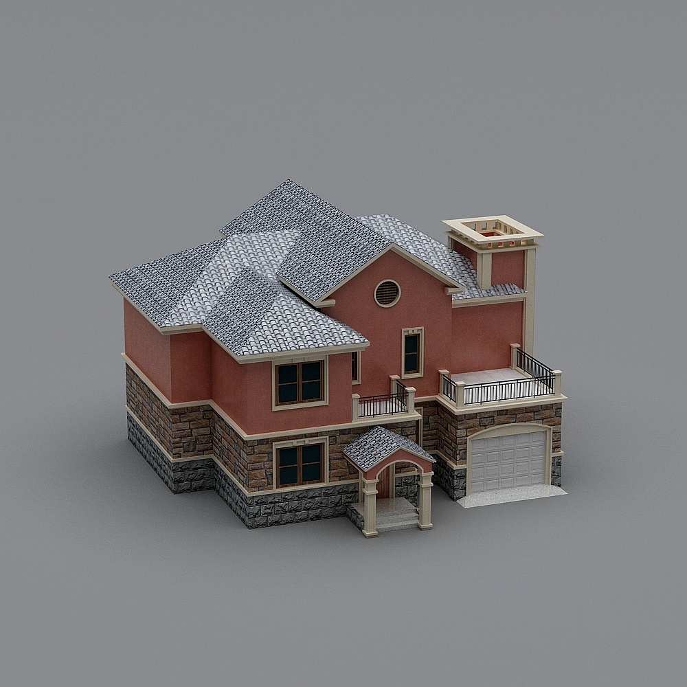 Two story red house with stone base and grey roof on grey background