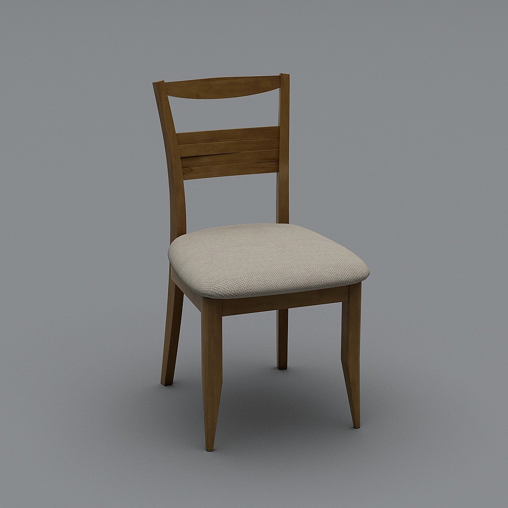 Modern light brown wooden dining chair with beige fabric seat cushion on grey background