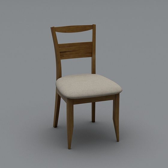 Modern light brown wooden dining chair with beige fabric seat cushion on grey background