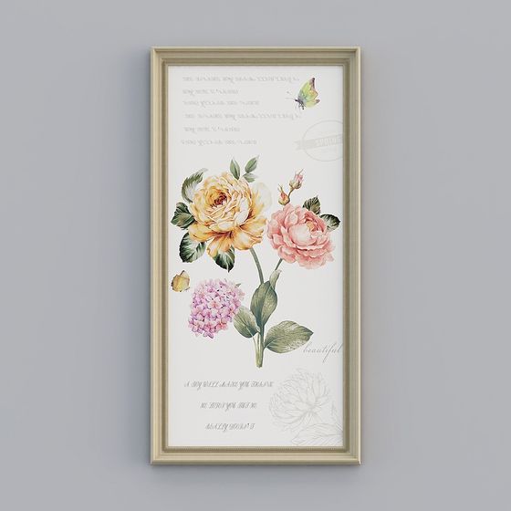 Vertical framed wall art with yellow and pink flowers on grey background