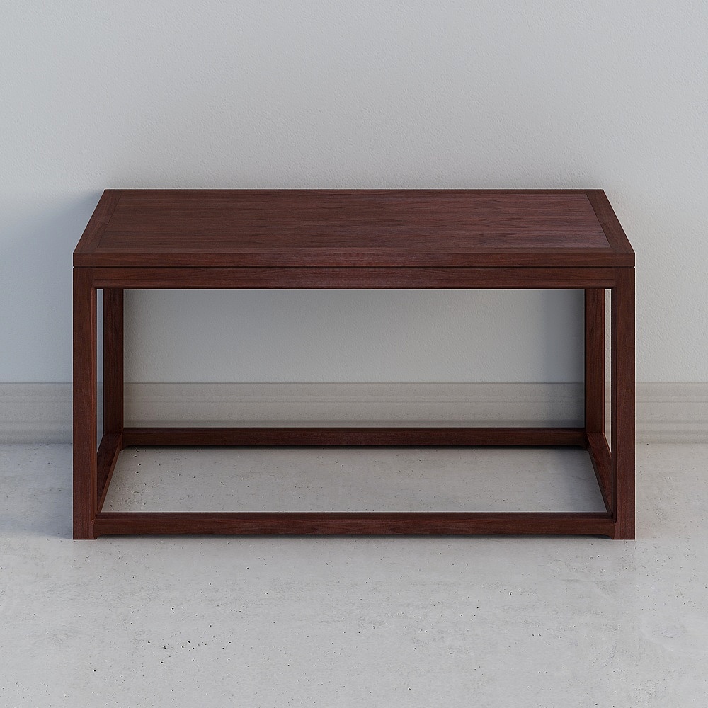 Modern dark brown wooden console table with rectangular top and open base on grey background