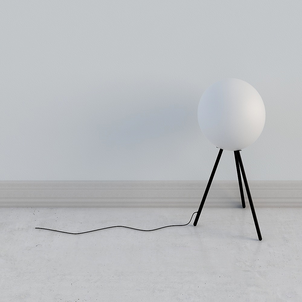 Modern white round floor lamp with black tripod legs and cord on grey background