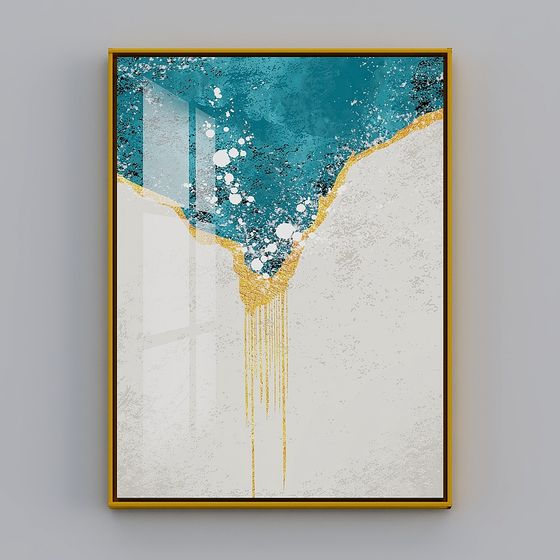 Abstract blue and gold wall art print in gold frame on grey background