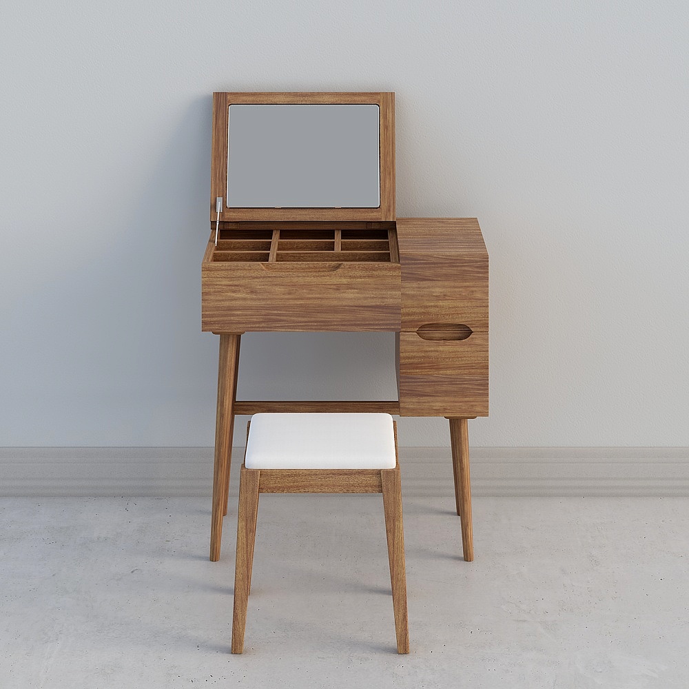 Modern walnut wood vanity table with mirror and white stool on grey background