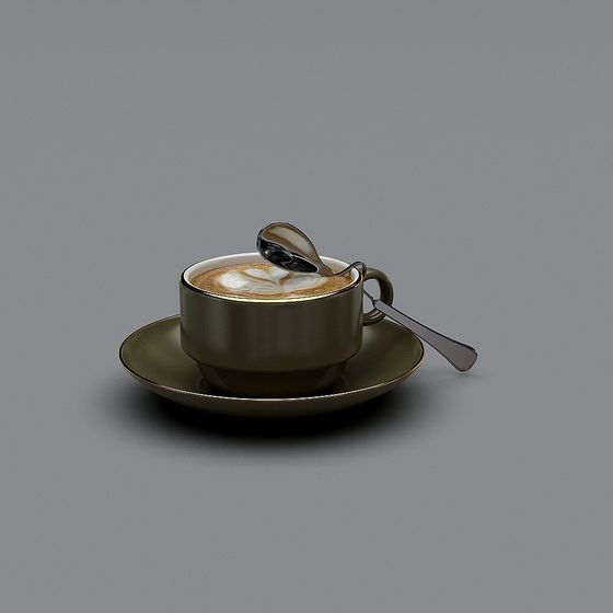Dark green ceramic coffee cup with latte art and silver spoon on grey background