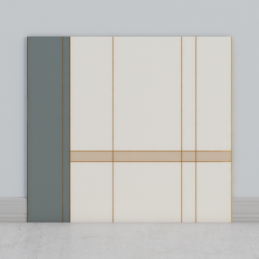 Modern white and grey wall panel with gold trim and beige stripe on light grey background
