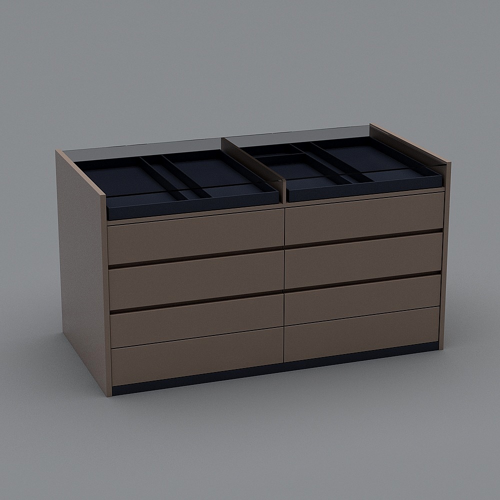 Modern brown dresser with eight drawers and black organizer trays on grey background