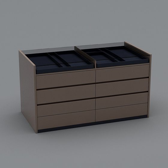 Modern brown dresser with eight drawers and black organizer trays on grey background