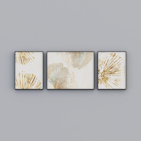 Golden Fan Leaves Triptych 3D model