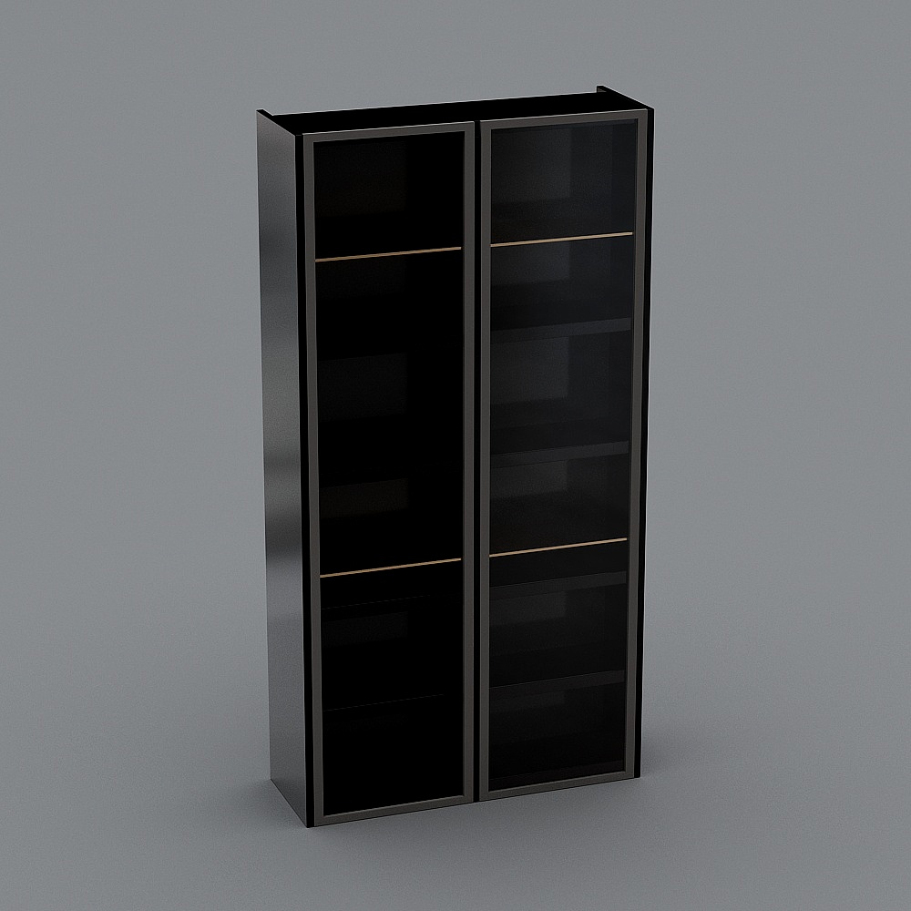 Modern tall black metal cabinet with glass doors and gold shelves on grey background