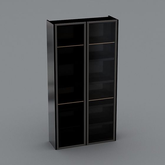 Modern tall black metal cabinet with glass doors and gold shelves on grey background