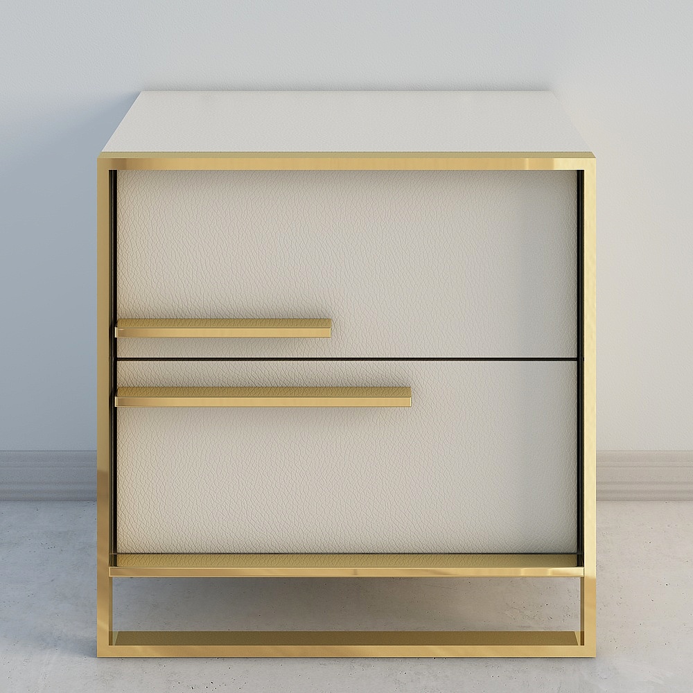 Modern two drawer cabinet with white leather front and gold metal frame on grey background