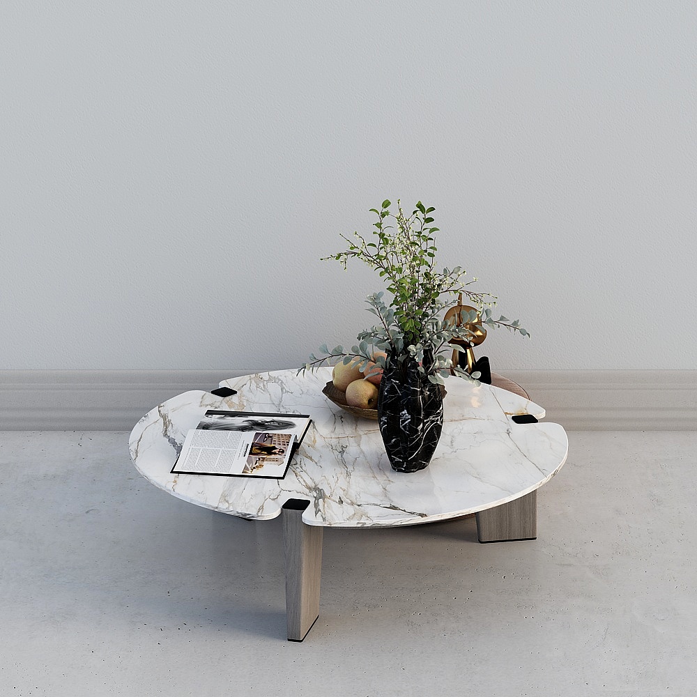 Modern white marble coffee table with metal legs on grey background