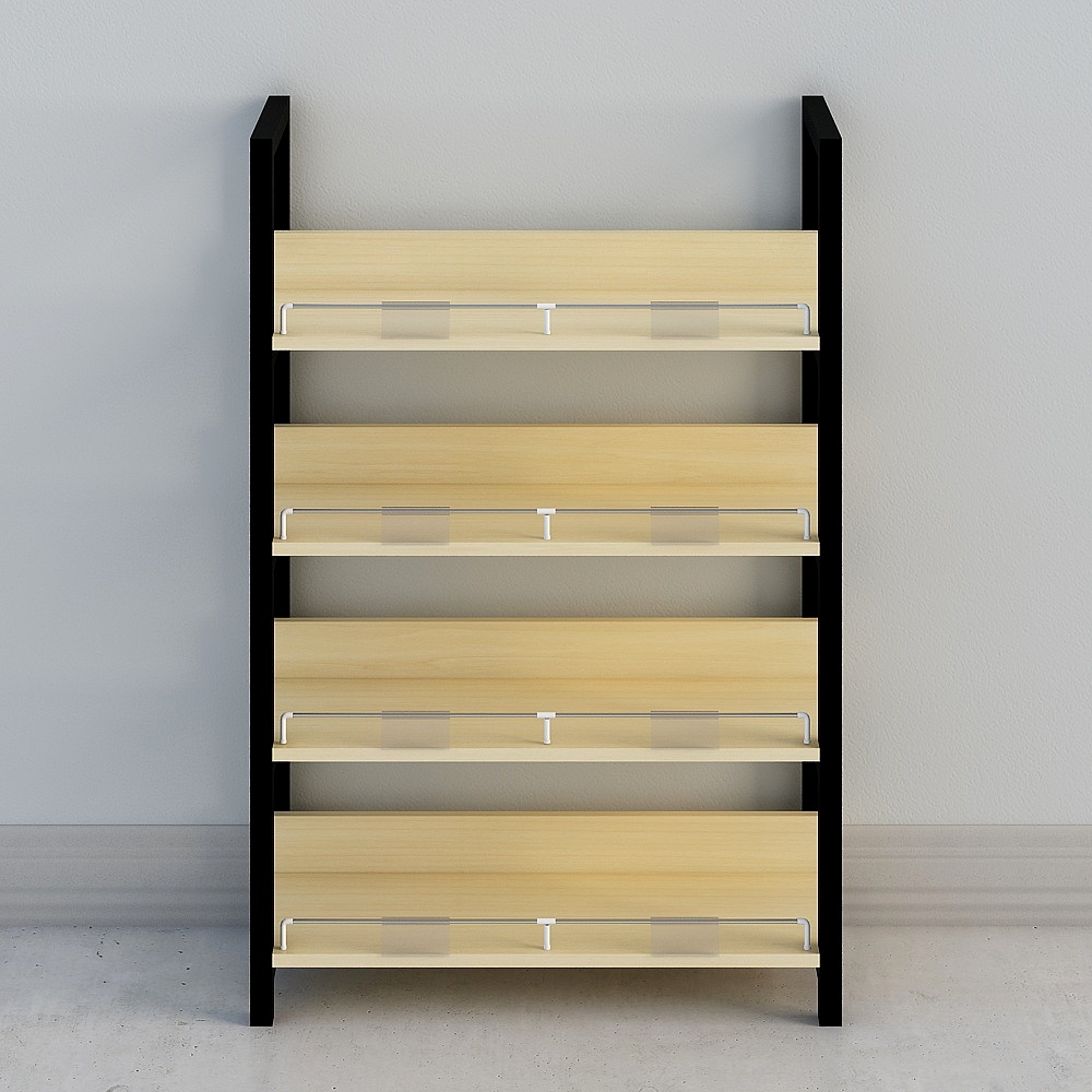 Modern black and light wood shelf unit with metal rails on grey background