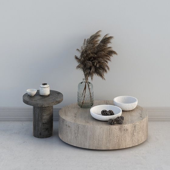 Wooden Round Table and Side Table Set 3D model