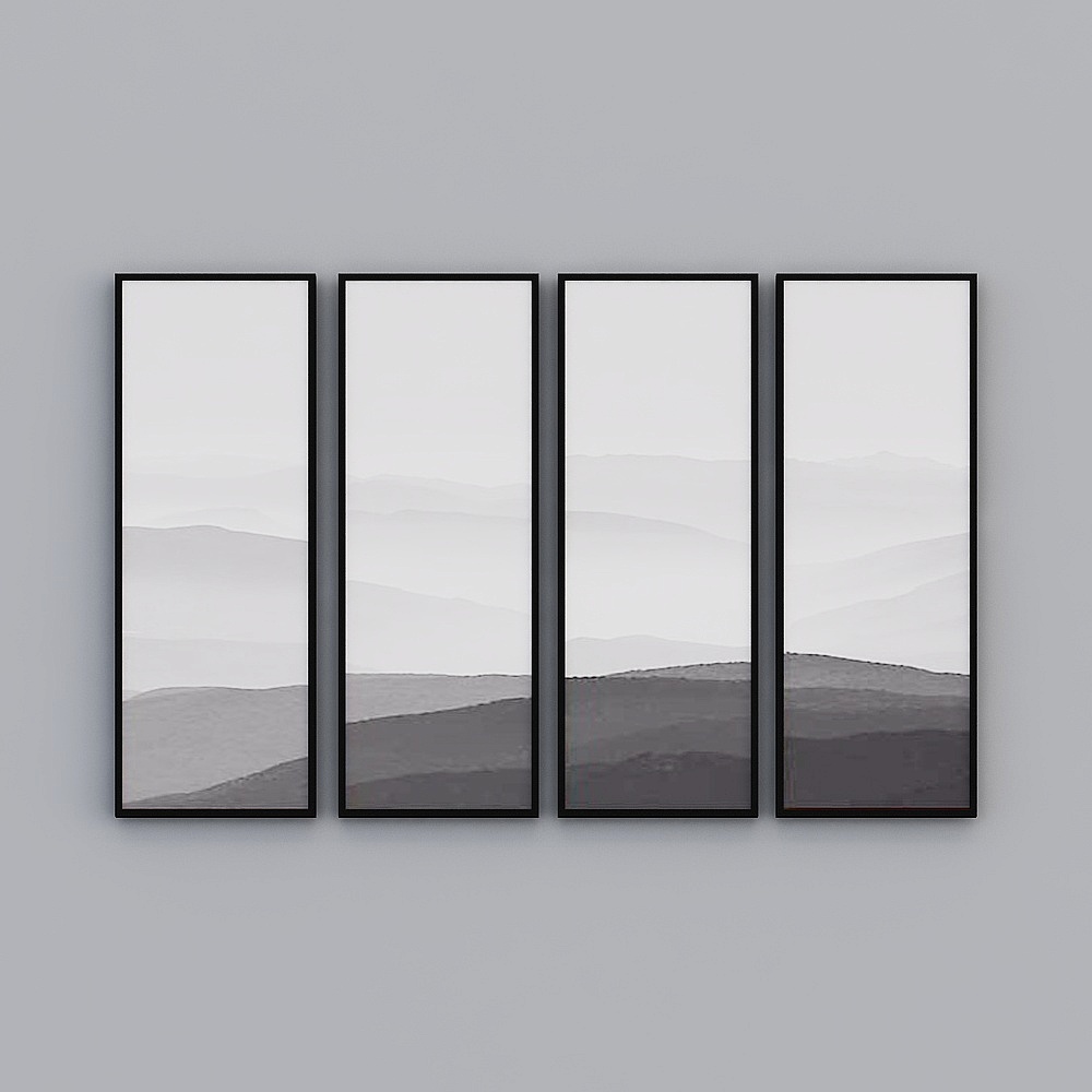 Set of four black framed wall art prints with grey mountain landscape design on grey background