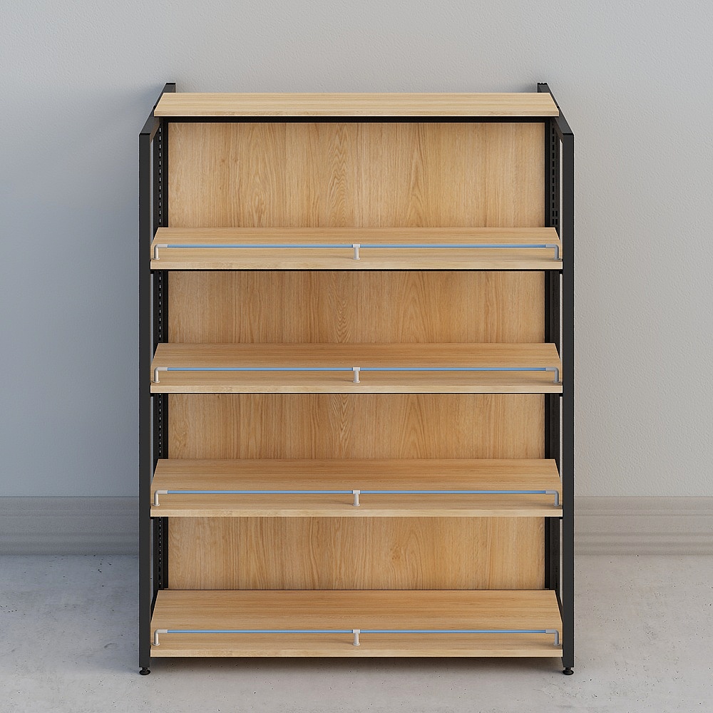 Tall wooden bookshelf with black metal frame and blue shelf bars on grey background