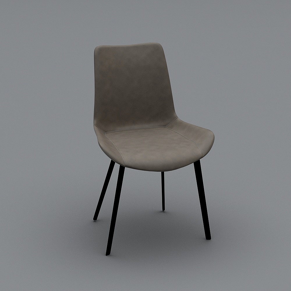 Modern grey fabric dining chair with black metal legs on grey background