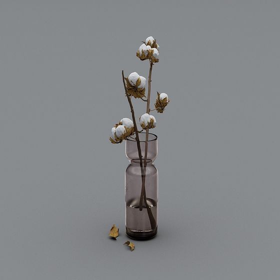 Cotton Branch and Glass Bottle 3D model