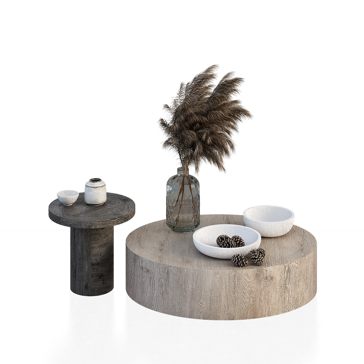 Wooden Round Table and Side Table Set – Low-Poly Wood