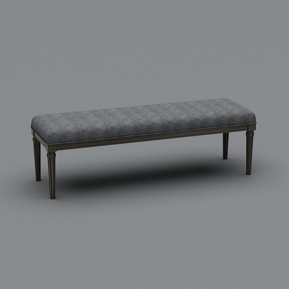 Long grey fabric bench with dark metal legs on grey background