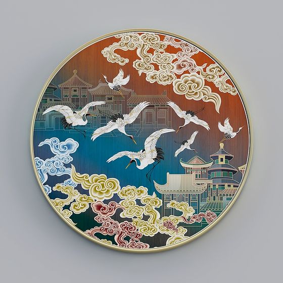 Oriental Aesthetic 3D Model with Elegant Cranes