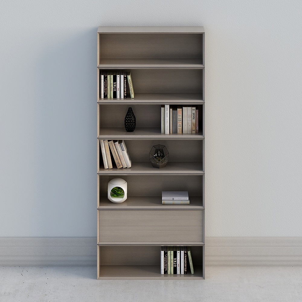 Tall light grey wooden bookcase with open shelves and drawer on white background
