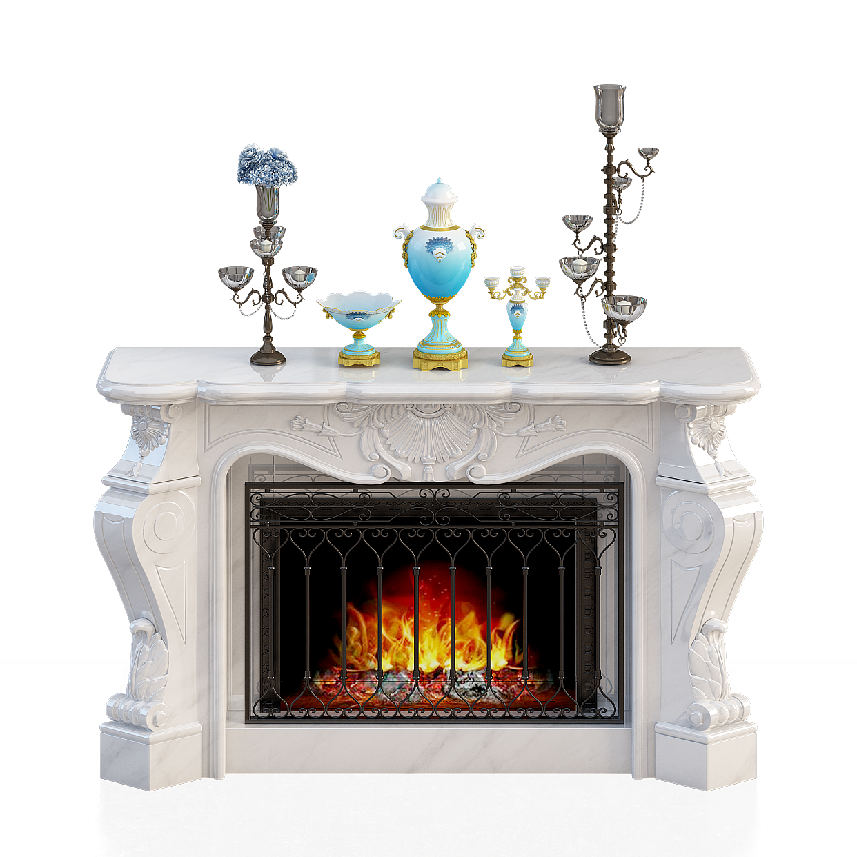 Elegant Fireplace Mantel 3D Model – Marble & Iron Accent