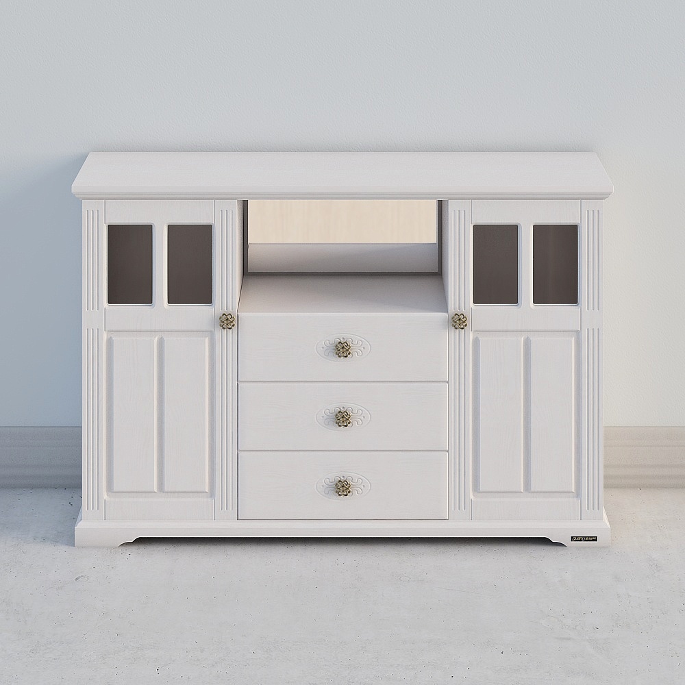 White classic cabinet with drawers and glass doors on white background