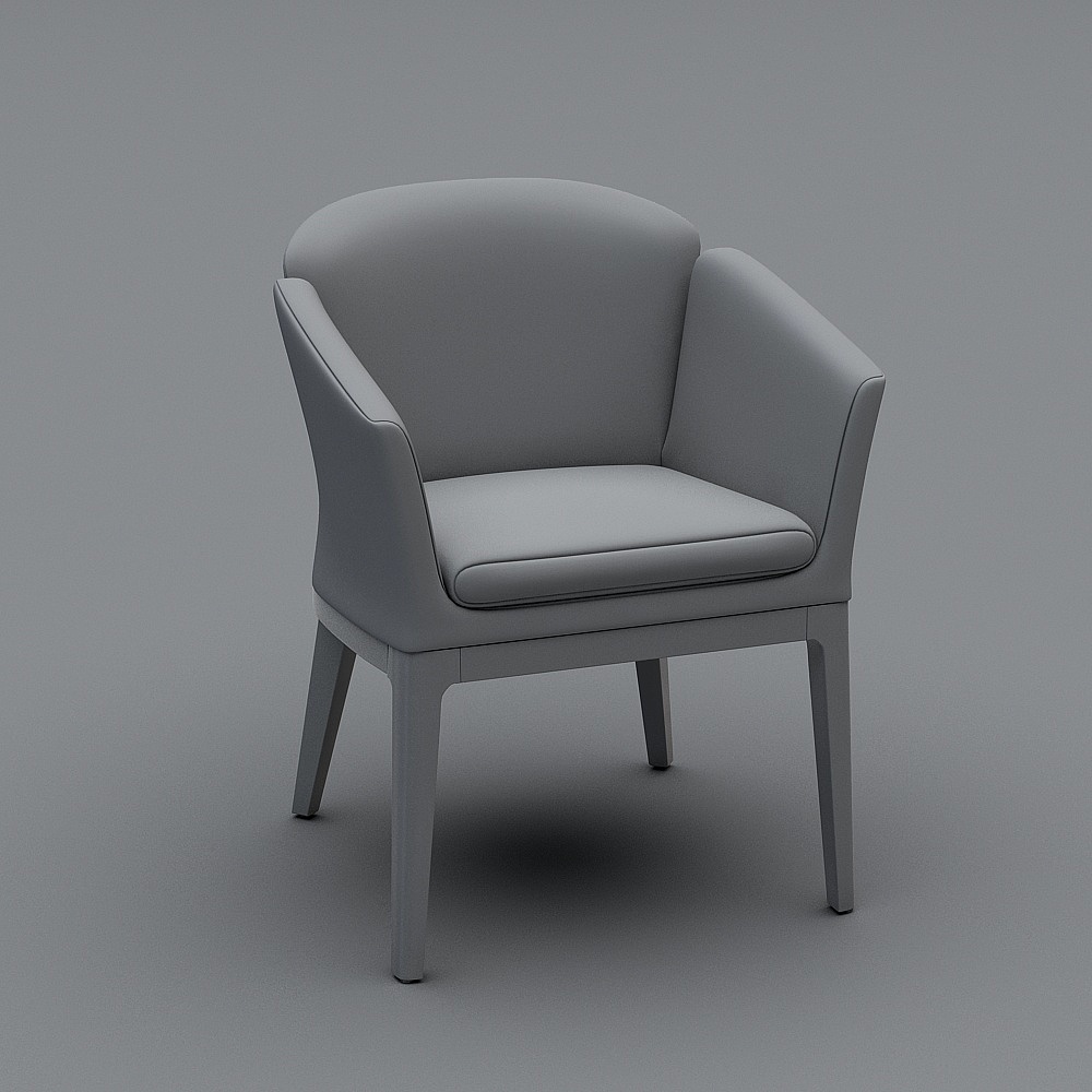 Modern light grey fabric armchair with wooden legs on grey background