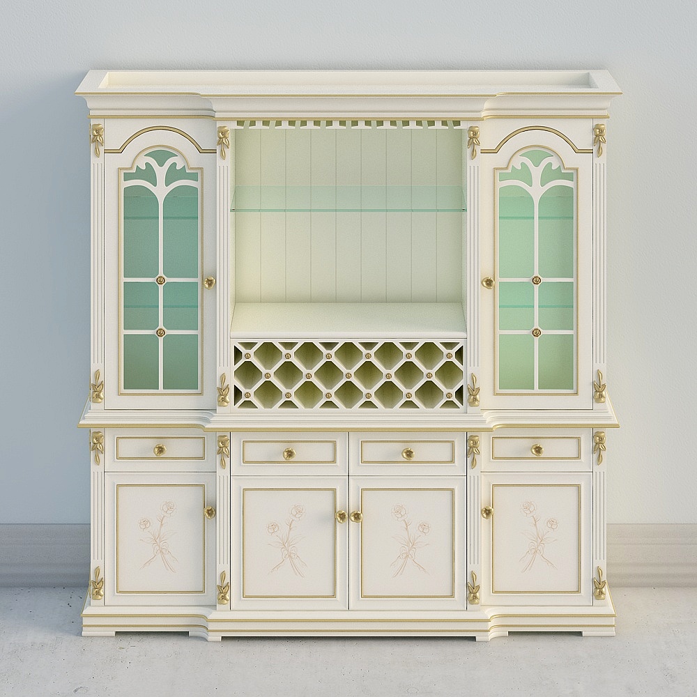 Classic white wooden cabinet with gold trim and green glass doors on grey background