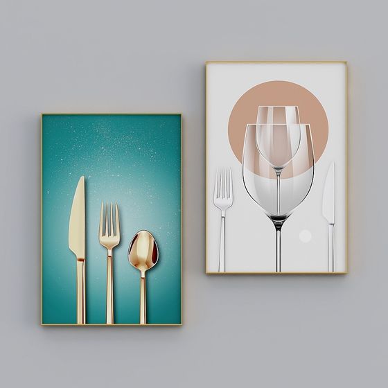 Two framed wall art prints with gold cutlery and wine glass on grey background
