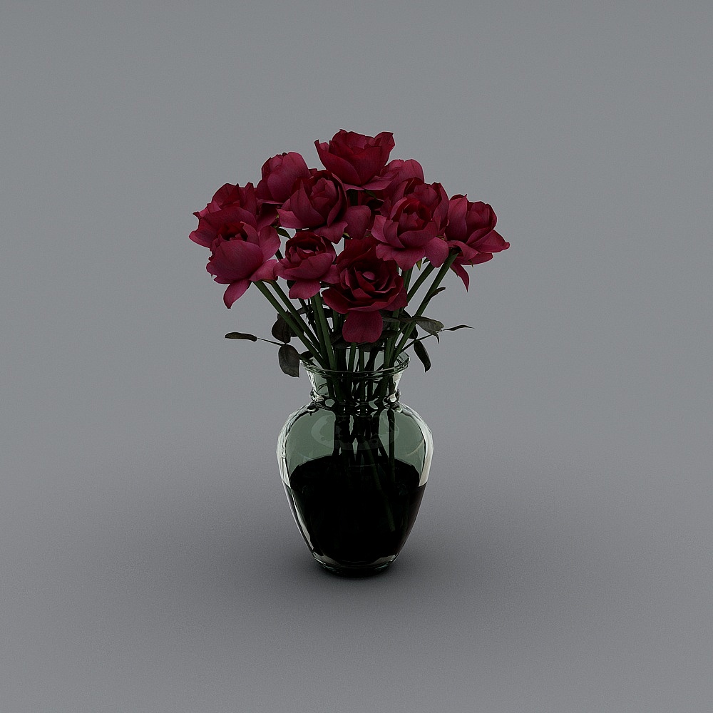 Clear glass vase holding bouquet of dark red roses with green leaves on grey background