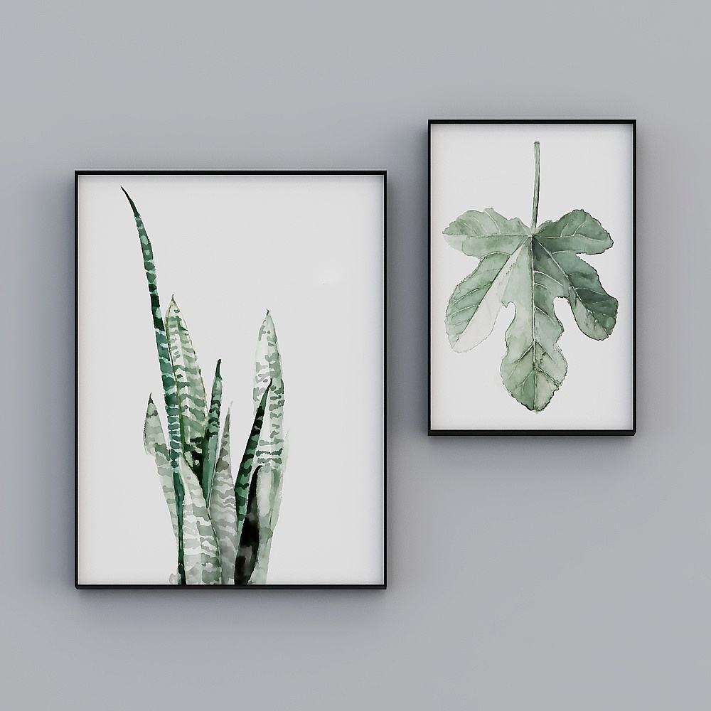 Two framed botanical watercolor prints with green leaves on grey background
