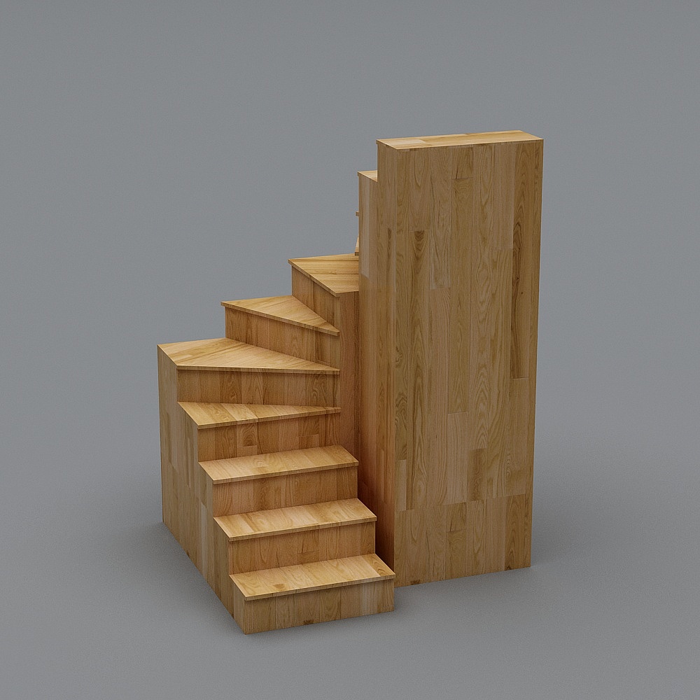 Light oak wood interior staircase with seven steps and solid side panel on grey background
