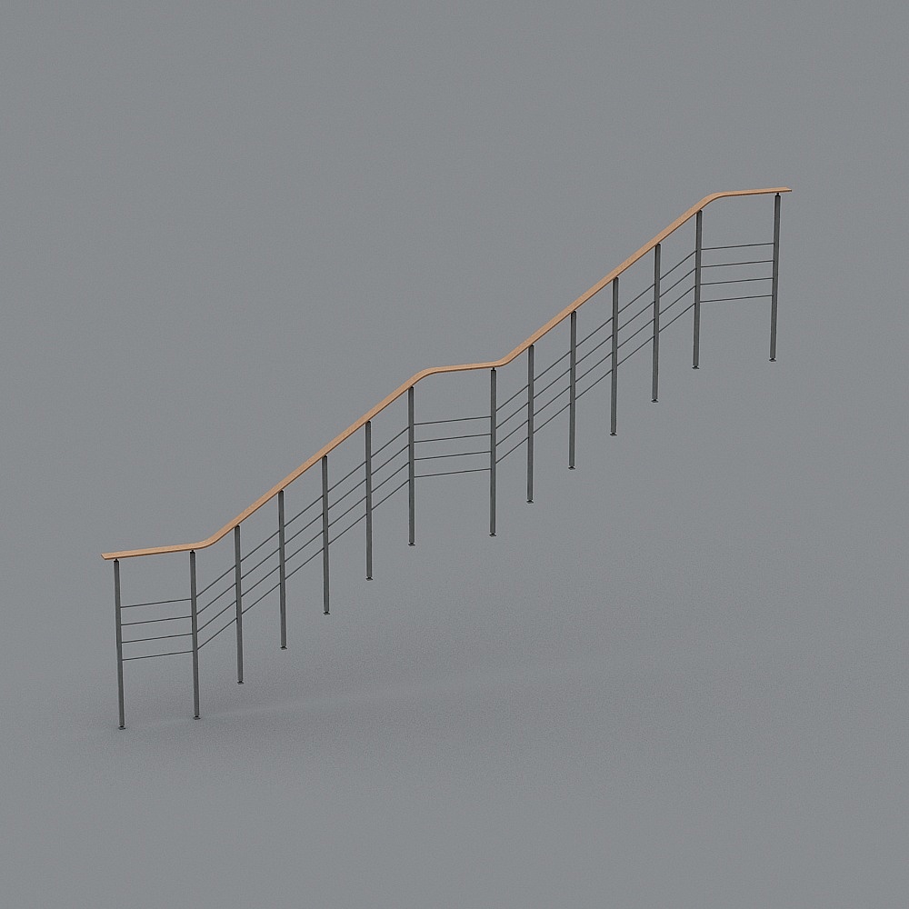 Modern stair railing with light wood handrail and black metal posts on grey background