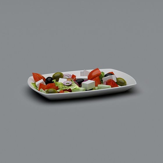 White ceramic rectangular serving dish with fresh Greek salad on grey background