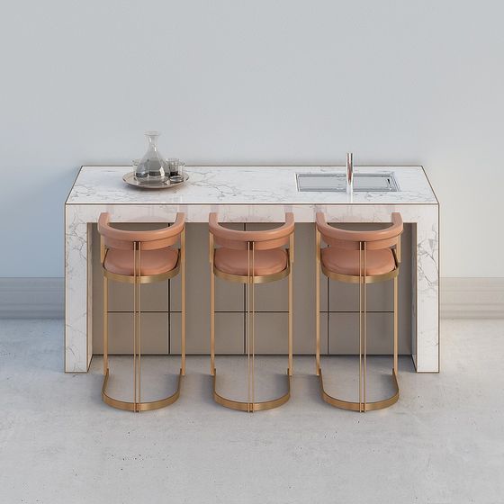 Marble Bar Table with Stool 3D model