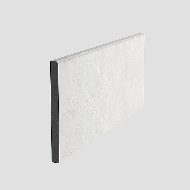 Thick white marble countertop slab with grey veins and black edge on grey background