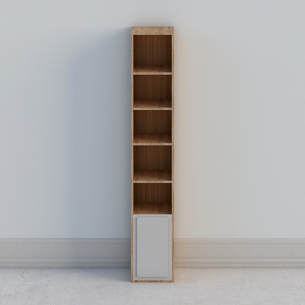 Tall light brown wooden bookcase with five shelves and white door on grey background