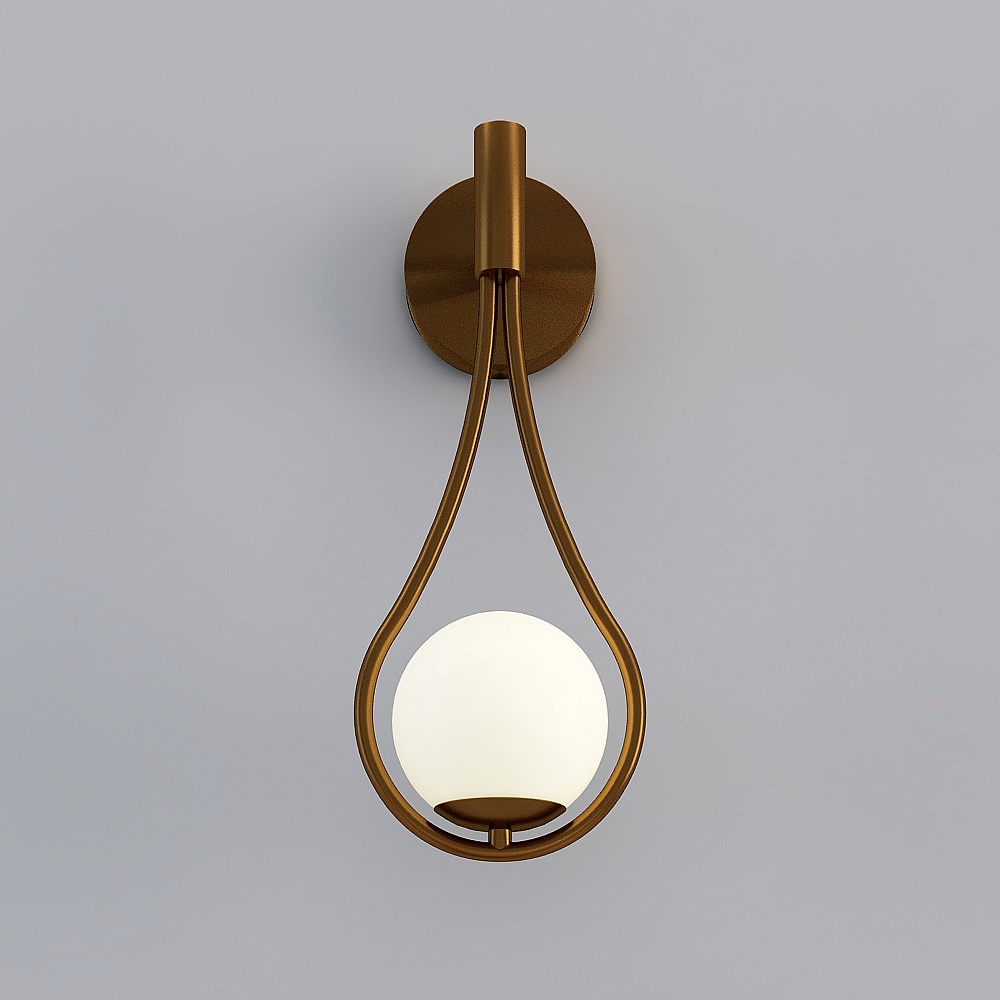Modern brass wall light with round white glass globe on grey background