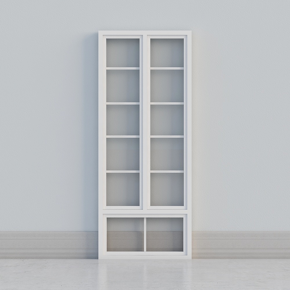 Tall white cabinet with glass doors and internal shelves against light grey wall